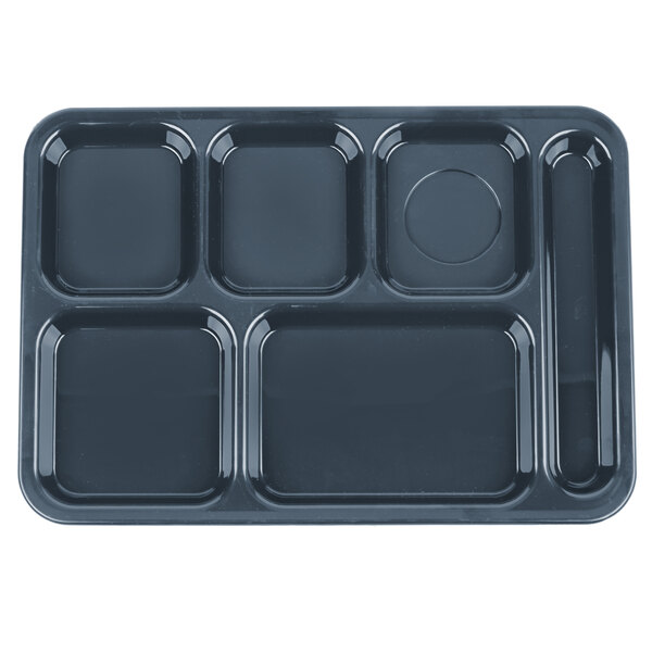 A rectangular black Carlisle tray with six compartments.
