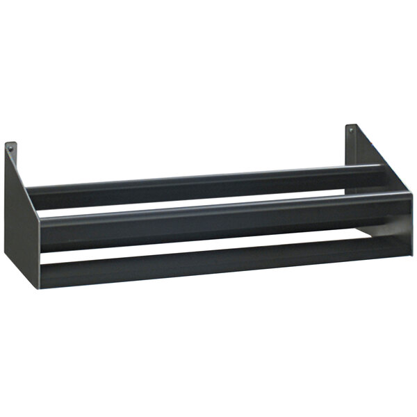 A stainless steel double tier speed rail on a table in a bar.