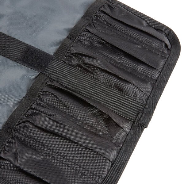 A black and gray Mercer Culinary travel bag with a zipper.