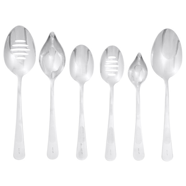 A group of silver Mercer Culinary plating spoons with white handles.