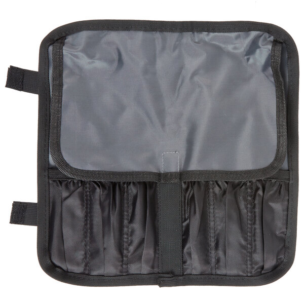 A black and gray Mercer Culinary travel bag with zippers.