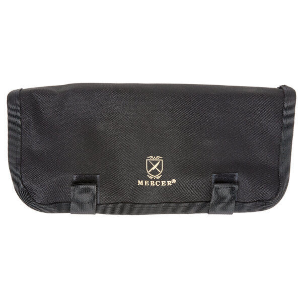 A black leather bag with a gold Mercer Culinary logo.