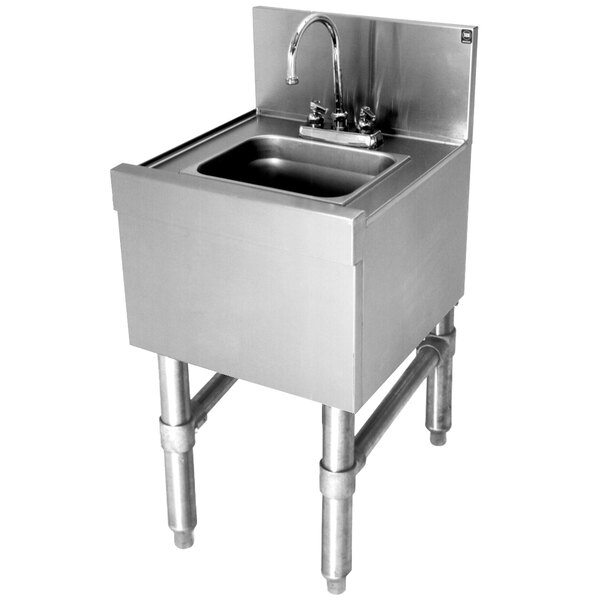An Eagle Group stainless steel underbar hand sink with a deck mount faucet.