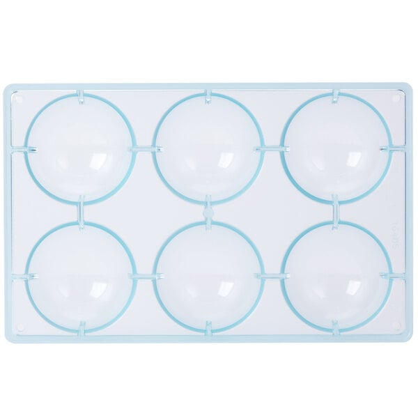A clear plastic tray with six large half spheres.
