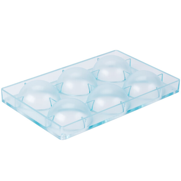 A clear plastic container with six round circles.