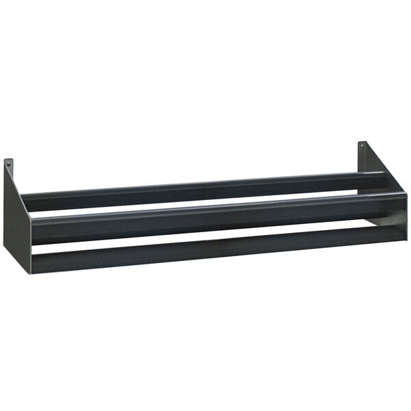 A stainless steel double tier speed rail on a counter in a bar.