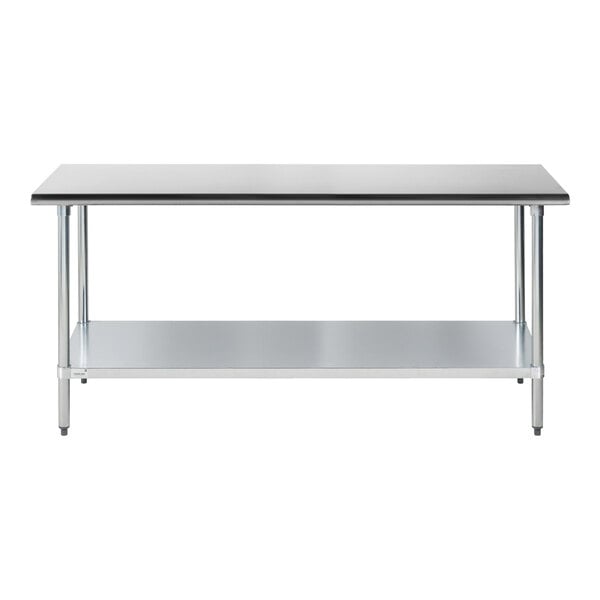 A stainless steel work table with a galvanized undershelf and four legs.