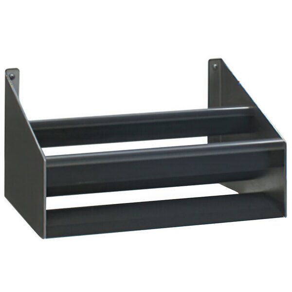 A stainless steel double tier speed rail on a counter with two metal bars.