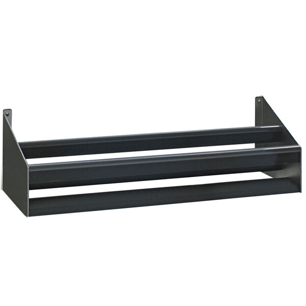 A stainless steel speed rail with two shelves on a counter.