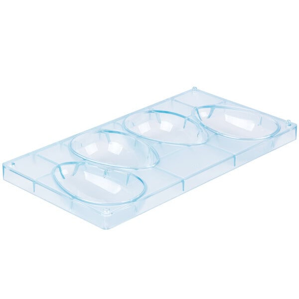 A clear plastic container with four egg-shaped compartments.