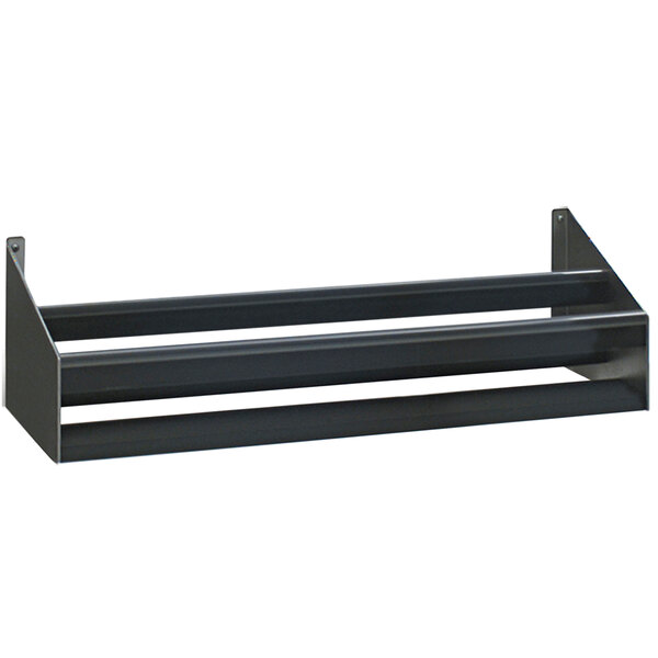 A stainless steel double tier speed rail on a counter.