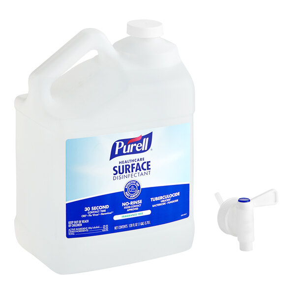 A white jug with a blue and white Purell label containing Purell surface disinfectant.
