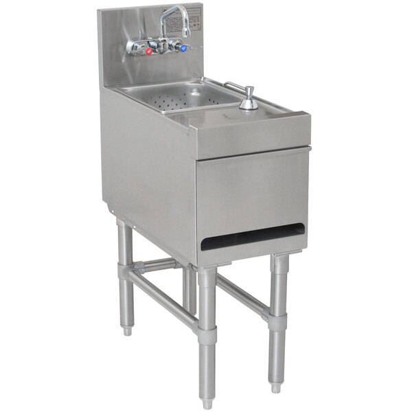 A Eagle Group stainless steel underbar hand sink with a wall mount faucet.