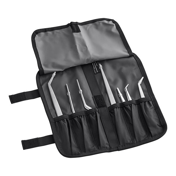 A black bag with Mercer Culinary Precision Plus Plating Tongs inside.