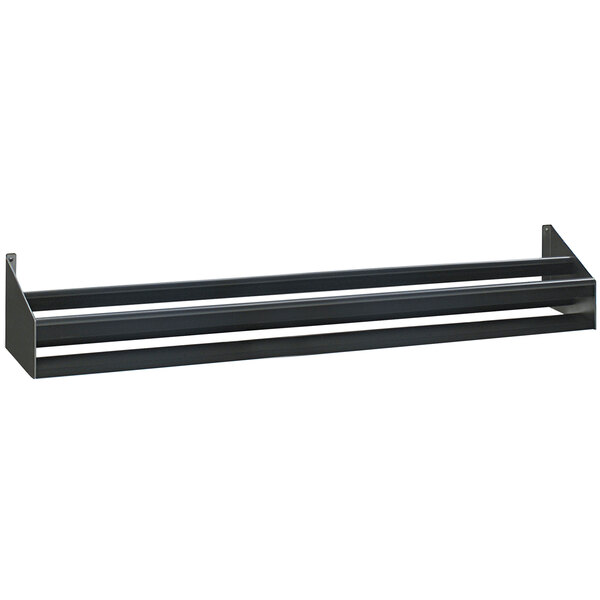 A stainless steel double tier speed rail with a black metal frame.