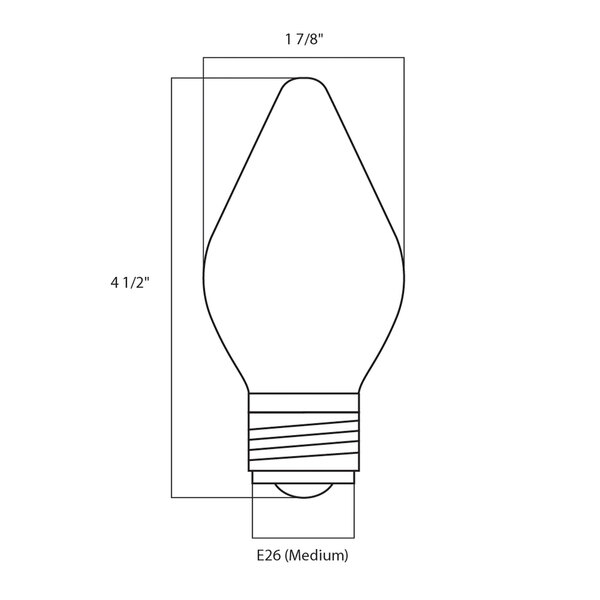 A diagram of a Satco 60 watt clear shatterproof incandescent light bulb with a C15 shape.