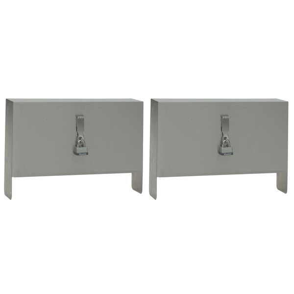 A pair of metal rectangular locking covers with metal clips.