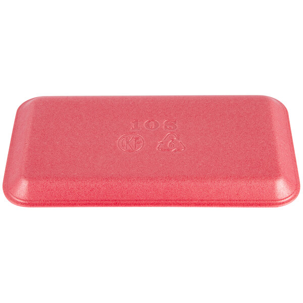A red foam CKF rose meat tray with text on it.