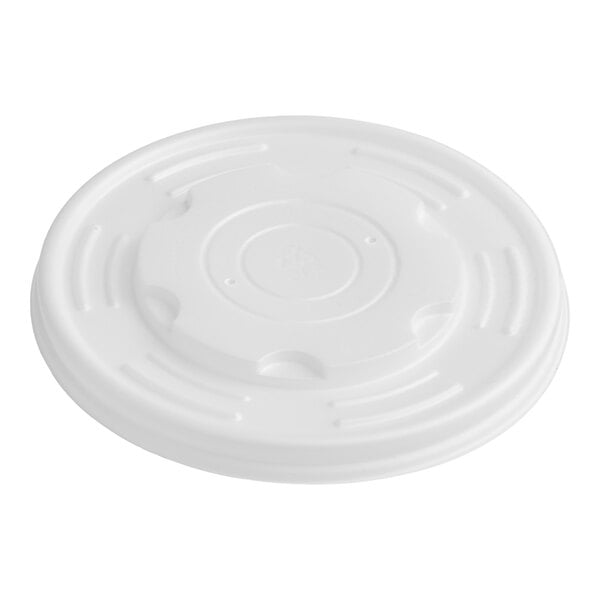 A white compostable plastic vented lid designed to fit 12-32 oz. food cups.
