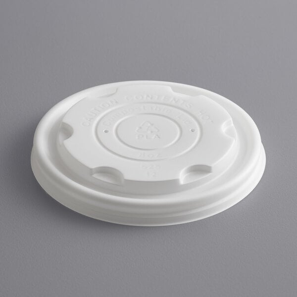 A white compostable plastic vented lid designed for 8 oz. food cups.