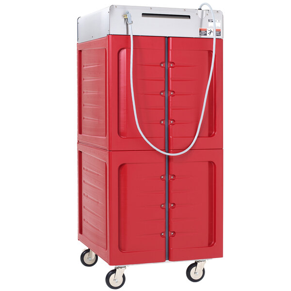 A red and silver Metro insulated holding cabinet with clear Dutch doors.