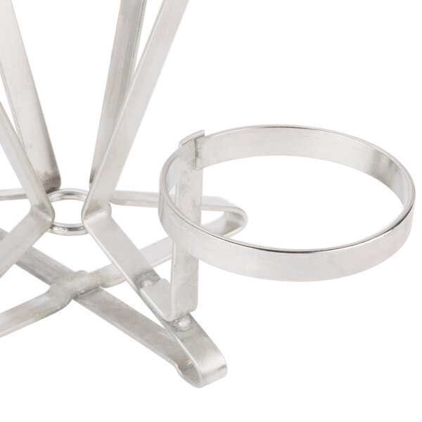 A silver stainless steel Clipper Mill fry cone stand with ramekin holder.