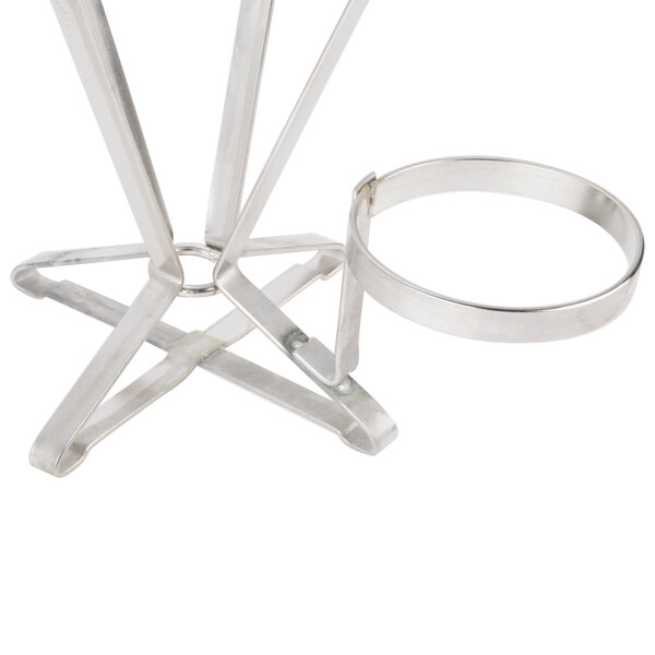 A silver metal Clipper Mill fry cone stand with a ring on it.