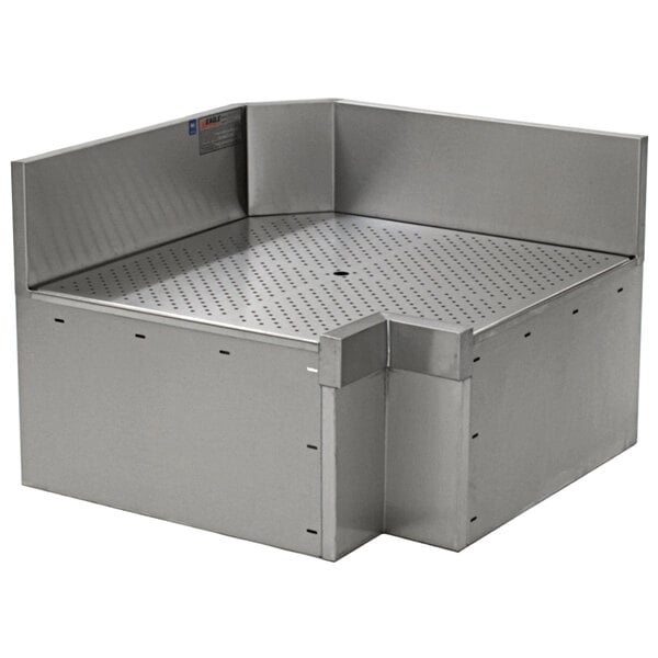A stainless steel Eagle Group inner corner workboard with a drain.