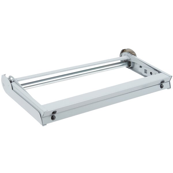 A gray steel Bulman paper dispenser and cutter with a serrated blade in a metal frame.