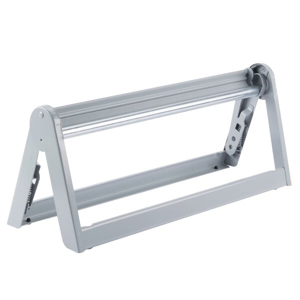 A gray Bulman steel paper dispenser on a metal stand with two screws.