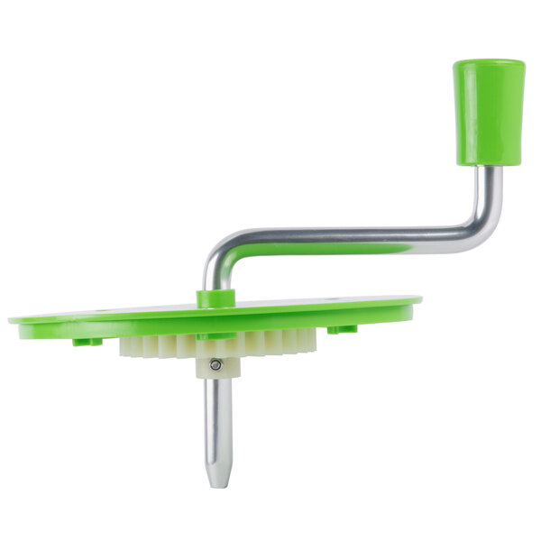 A green and white plastic Choice salad spinner cover with a handle.