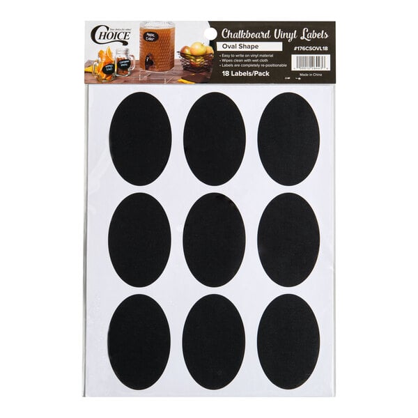 A pack of 18 oval-shaped vinyl chalkboard labels measuring 3 by 2 inches.