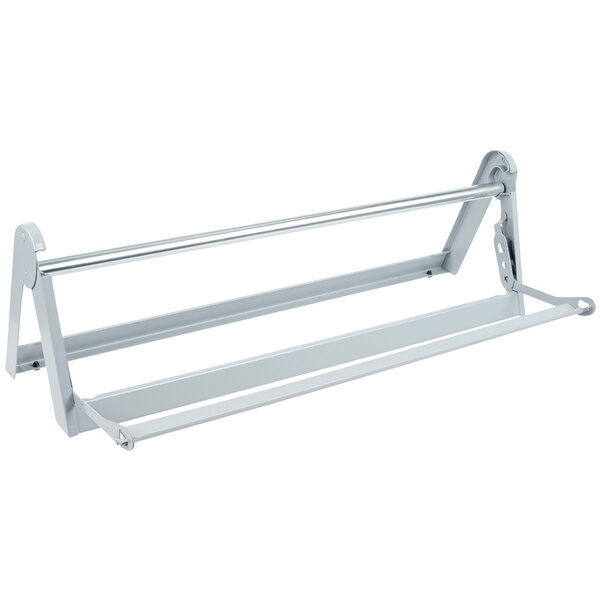 A Bulman gray metal paper cutter on a metal bar.