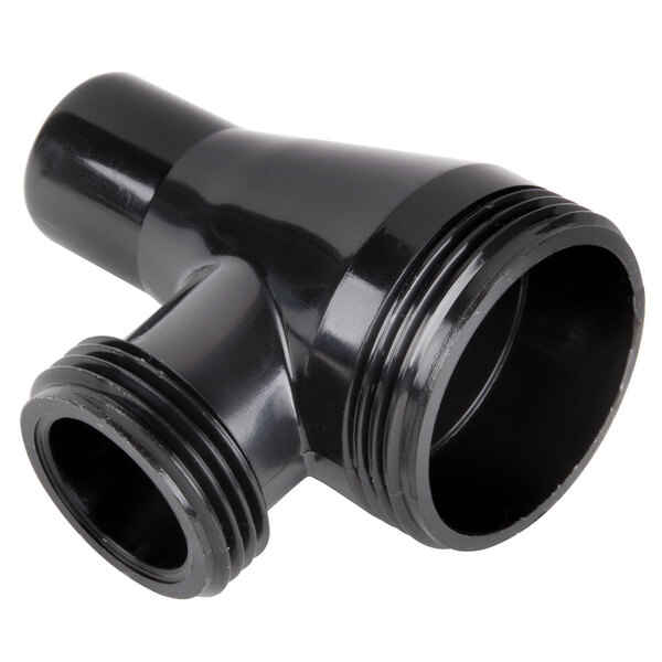 A close-up of a black plastic pipe with a nozzle.
