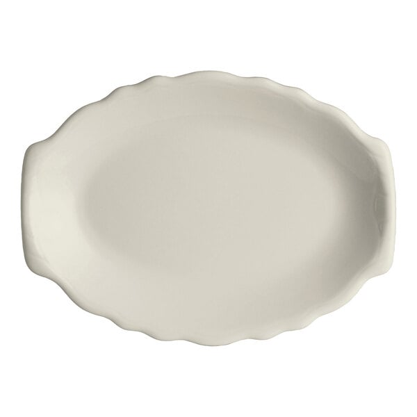 Homer Laughlin from Steelite International HL52300 Carolyn 7 3/4" x 5 3/4" Ivory (American White) Scalloped Edge Oval Platter - 36/Case