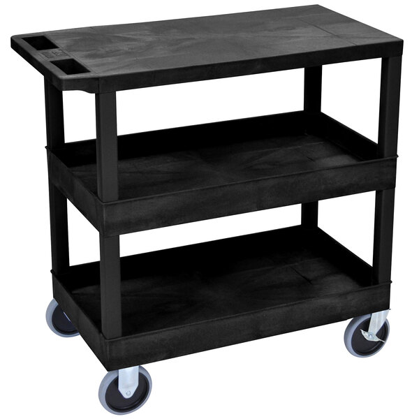 A black Luxor plastic utility cart with wheels.