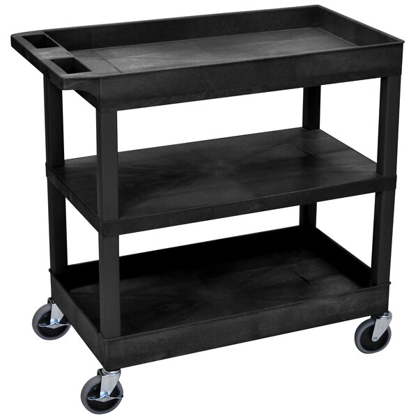 A black Luxor utility cart with three shelves and wheels.