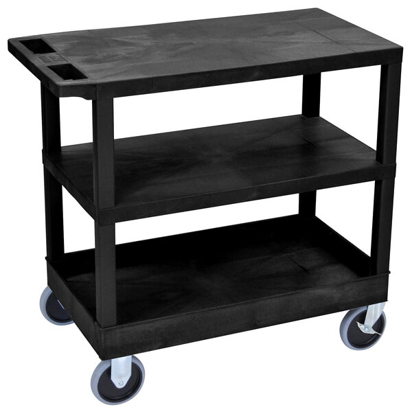 A black Luxor utility cart with wheels.
