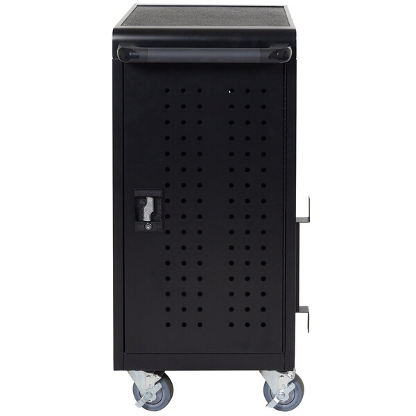 A black metal cart with wheels.