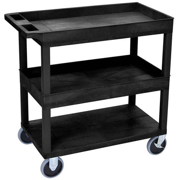 A black Luxor utility cart with three shelves and wheels.