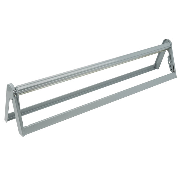 A gray metal Bulman paper dispenser with two metal bars and a serrated blade.