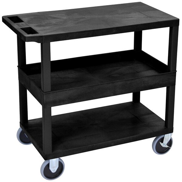A black Luxor utility cart with wheels.