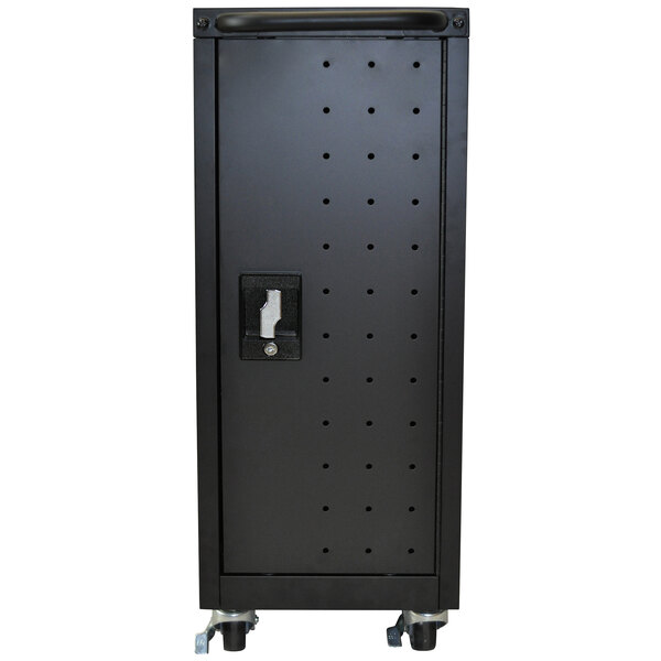 A black metal Luxor tablet charging box with wheels.