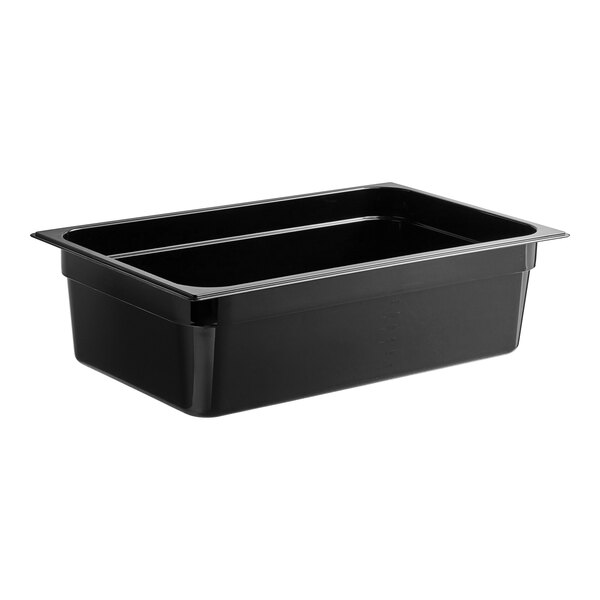 A Carlisle black plastic food pan with a lid.