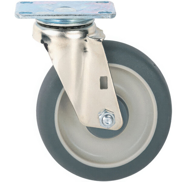 A Metro Super Erecta donut caster wheel with a metal plate and grey rubber wheel.