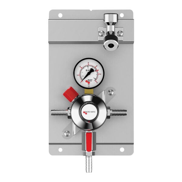 A close-up of a Micro Matic CO2 secondary regulator panel with a gauge.