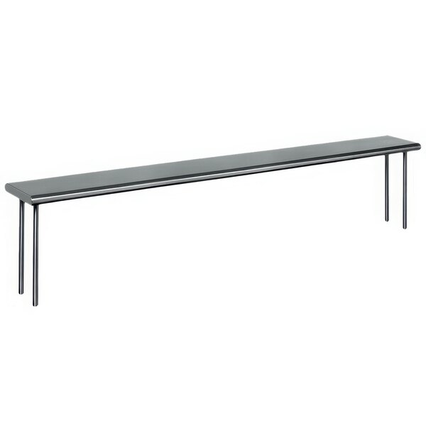 A long stainless steel Eagle Group table mounted overshelf on a long table.