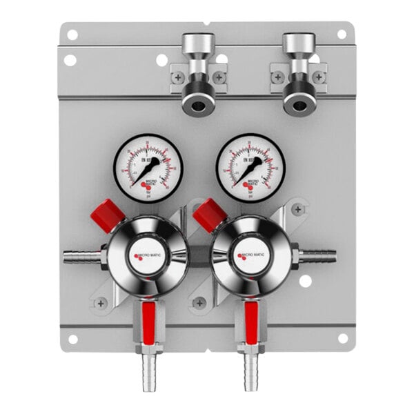 A Micro Matic secondary CO2 regulator panel with two pressure gauges.