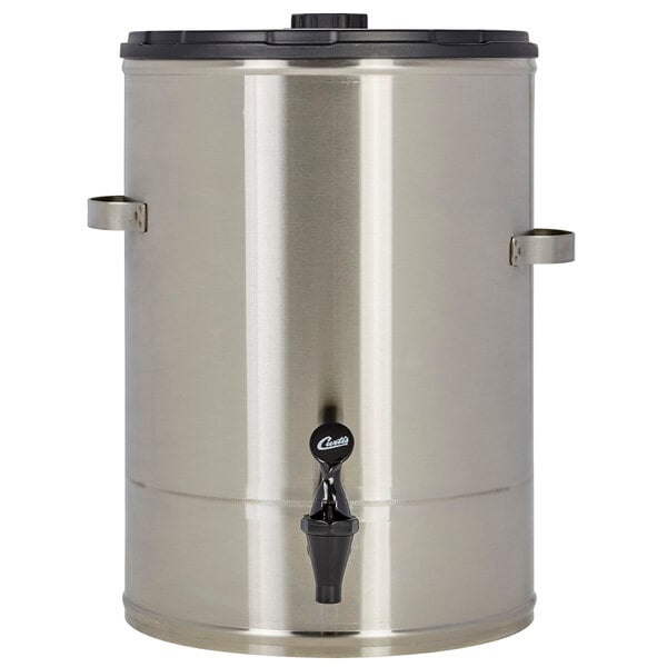 A silver metal Curtis iced coffee dispenser with a black handle.