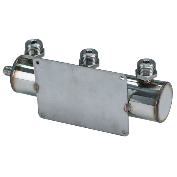 A Micro Matic 3-way beer manifold with a metal plate.